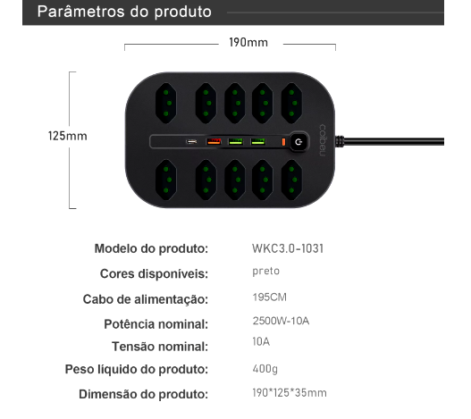 Tomada Elétrica + Entrada USB + Entrada Tipo C